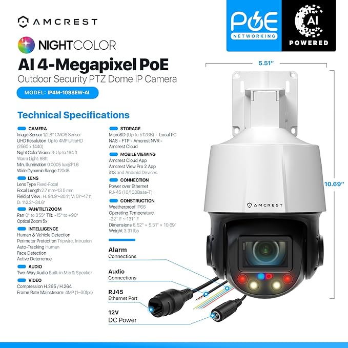 Amcrest 4MP Outdoor PTZ POE + AI IP Camera Pan Tilt Zoom (Optical 5X Motorized) Security Speed Dome, Human and Vehicle Detection, IVS, Face Detection, Auto Tracking, POE+ (802.3at) IP4M-1098EW-AI
