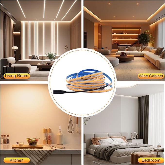 COB LED Strip Lights 12V 8W/M 16.4ft/5m 320LED/M White 6500K CRI90+ Flexible High Density LED Tape Lighting for Indoor Home Cabinet,Bedroom,Kitchen,DIY Lighting Project(No Adapter or Controller)