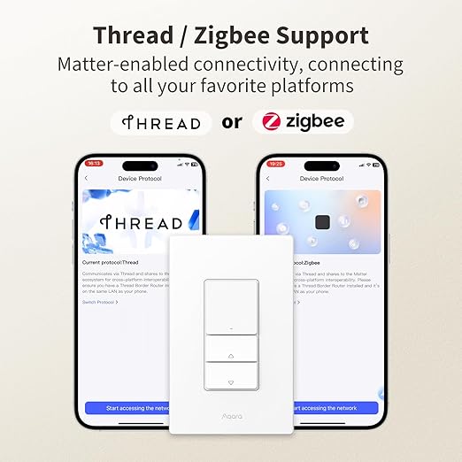 Aaqara Smart Dimmer Switch H2,2-in-1 Neutral,Thread/Zigbee Support,Silent On/Off Dimmer Light Switch for Incandescent,Halogen,Dimmable LED,ELV,and CFL