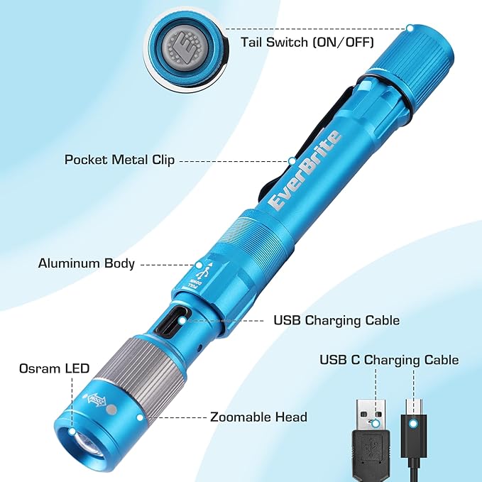 EverBrite Pen Light, Rechargeable Pen Flashlights, 300 Lumens Zoomable LED Small Flashlight with Clip, Memory Function, USB-C Cable Included, Pocket Size for Camping, Emergency, Mechanic, Blue