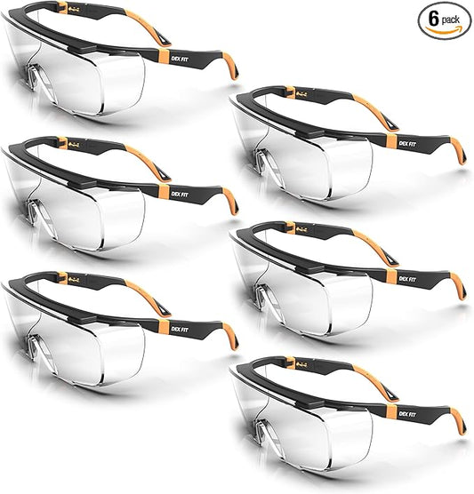 DEX FIT Safety Work Over Glasses SG210 OTG; 6 Pairs, Z87 for Men & Women, Fog & Scratch Resistant, Adjustable, UV Block (Black & Orange Frame, Clear Lens)