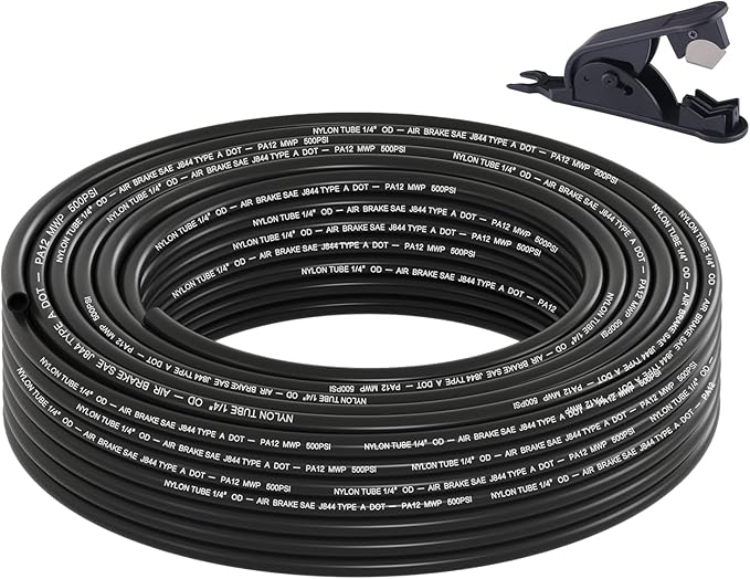 50FT 1/4 DOT Air Line SAE J844 PA12 Nylon Air Hose with Cutter 1/4” OD Pneumatic Tubing DOT Approved 1/4 Air Brake Hose for Air Suspension Kit Truck Trailer Brake System & Fluid Transfer 15.5m