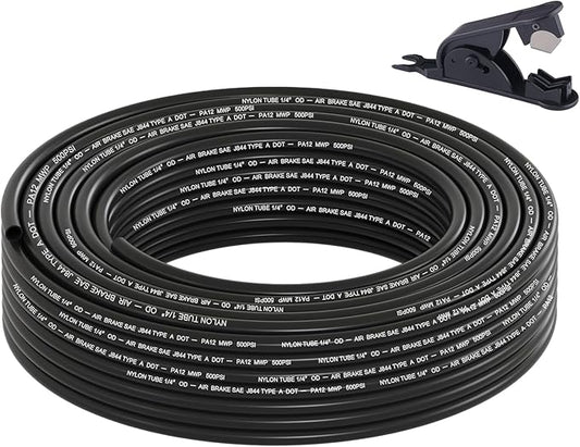 50FT 1/4 DOT Air Line SAE J844 PA12 Nylon Air Hose with Cutter 1/4” OD Pneumatic Tubing DOT Approved 1/4 Air Brake Hose for Air Suspension Kit Truck Trailer Brake System & Fluid Transfer 15.5m