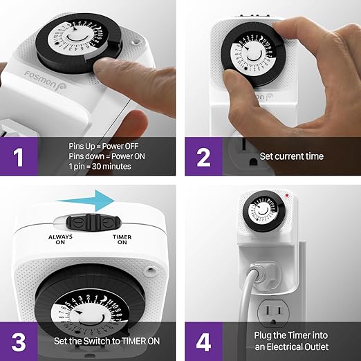 Fosmon 24 Hour Outlet Timer for Electrical Outlets, Indoor Mechanical Light Timers Switch Programmable, Electric Wall Plug for Reptile, Grow Light, Lamp, Fan, Aquarium, 3 Prong, Grounded- ETL Listed