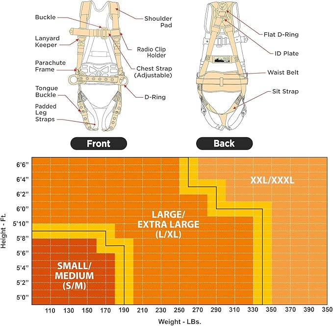 AFP Fall Protection Full-Body Premium Safety Harness, 8” Thick Support Belt, Aluminum D-Rings, Tongue Buckle (OSHA/ANSI PPE)