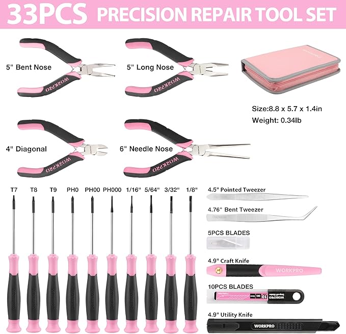 WORKPRO 33PCS Precision Repair Tool Set Includes Pliers Set, Screwdrivers Set, Craft & Utility Knife, Tweezers, Electronic Repair Tool Kit with Pouch for Laptops, Phones, Computer - Pink Ribbon