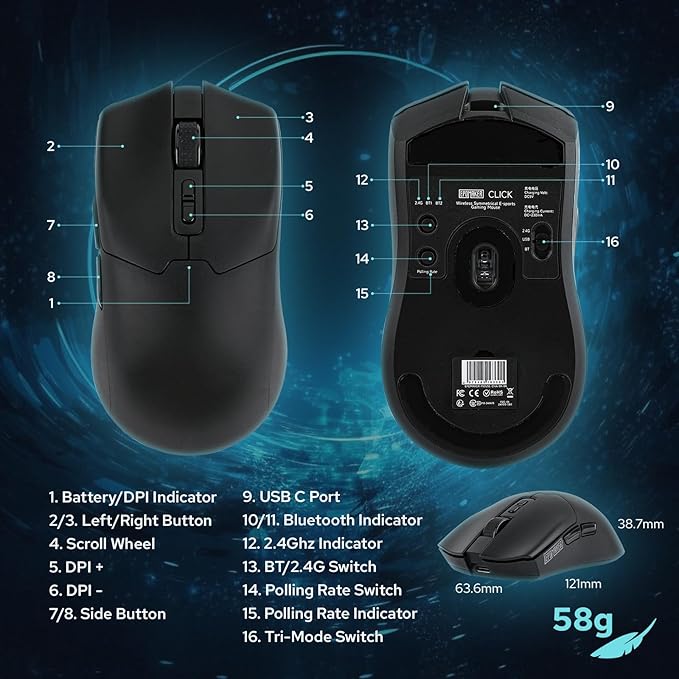 EPOMAKER Click Gaming Mouse Wireless 2.4Ghz/Bluetooth/Type-C, 800 to 42,000 DPI Adjustable, 8K Polling Rate, 500mAh, Lightweight Optical Mouse, for PC/Mac/Linux (Black)