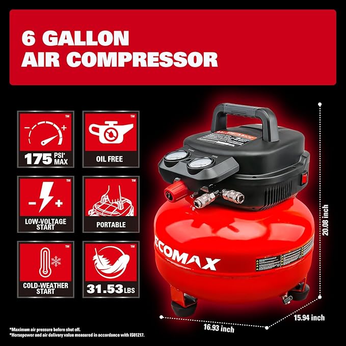 Air Compressor, 6-Gallon Pancake Air Compressor, MAX 175PSI, Compressor for Air Tools with 10 PCS Air Compressor Accessories Kit