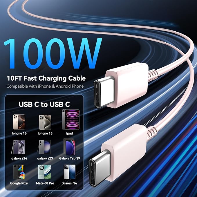Phone 16 Pro Max Charger Fast Charging, 45W Super Fast USB C Charger Block with 10FT Long Charging Cord Cable for 16 Pro Max/16/16 Plus,15 Pro Max/15 Pro/15,Android Phone-Pink