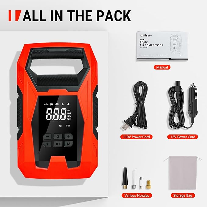 CARSUN AC/DC Tire Inflator Portable Air Compressor, Dual Power for Home 110V AC and Car 12V DC Air Pump with Pressure Gauge, Auto Shutoff, Tire Pump for Car Motorcycle Bike and Other Inflatables, Red