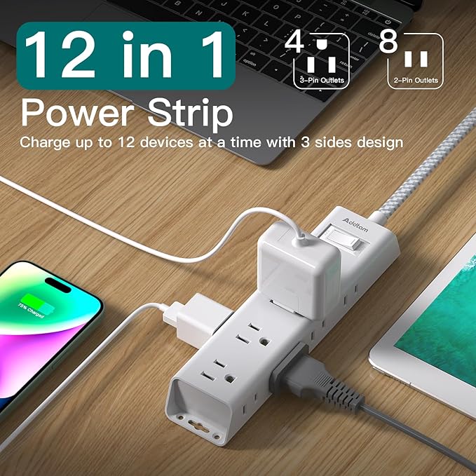 6Ft Extension Cord - Surge Protector Power Strip, Addtam 12 Widely 3 Sides Outlet Extender, Flat Plug, Wall Mount, Desktop Charging Station for Home Office College Dorm Room Essentials