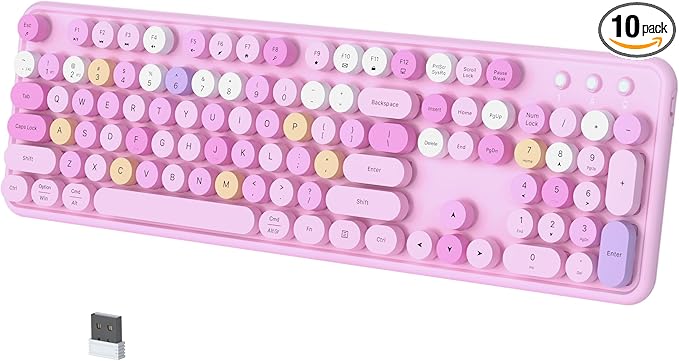 Colorful Wireless Bluetooth Keyboard, 2.4G & Dual Bluetooth Multi-Device, Typewriter Retro Round Keycaps 104 Keys Full-Size for PC Laptop Tablet Phone (Pink-Colorful)