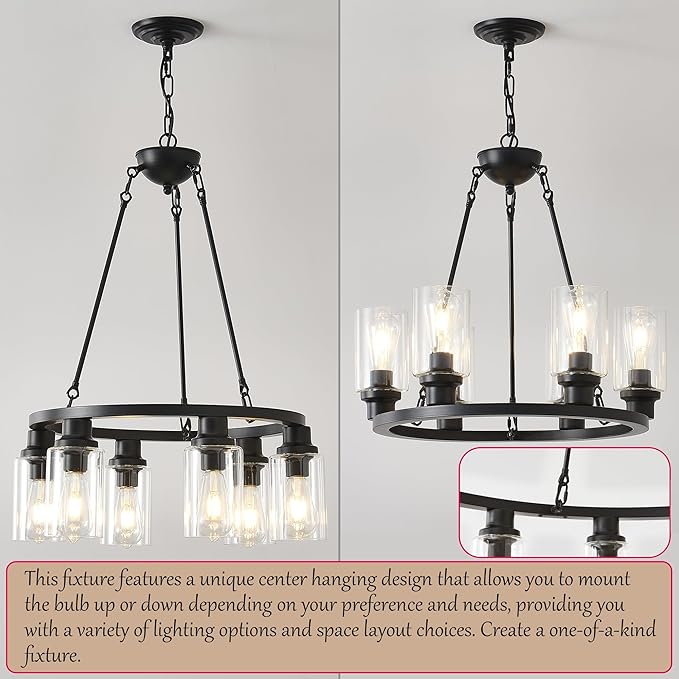 24“ Black Wagon Wheel Chandelier, 6-Light Farmhouse Glass Pendant Lights Kitchen Island Round Hanging Lighting fixtures Ceiling for Living Room, Dining Room, Kitchen Island, Entryway, Foyer