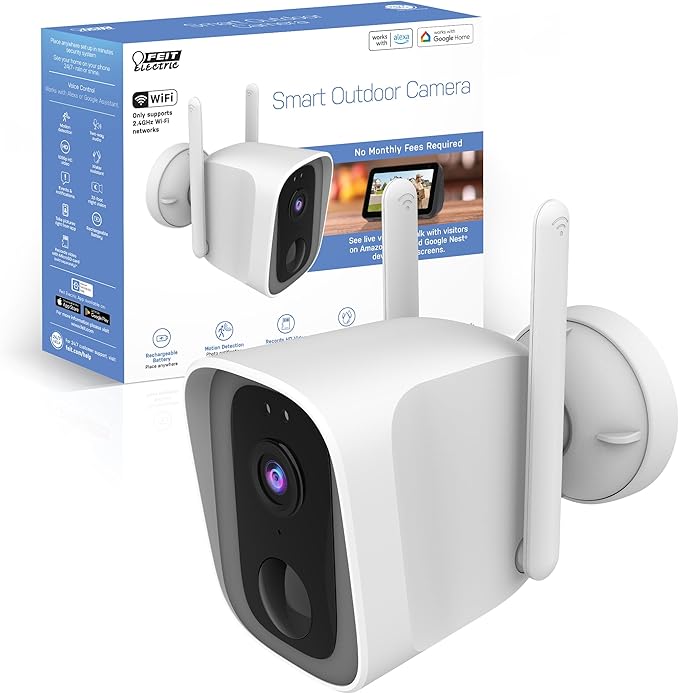 Feit Electric Smart Security Camera, 2.4GHz WiFi Smart Home Camera with Motion Detection, Night Vision, 2-Way Audio, 1080p HD Battery Powered, White, CAM/WM/WiFi/BAT