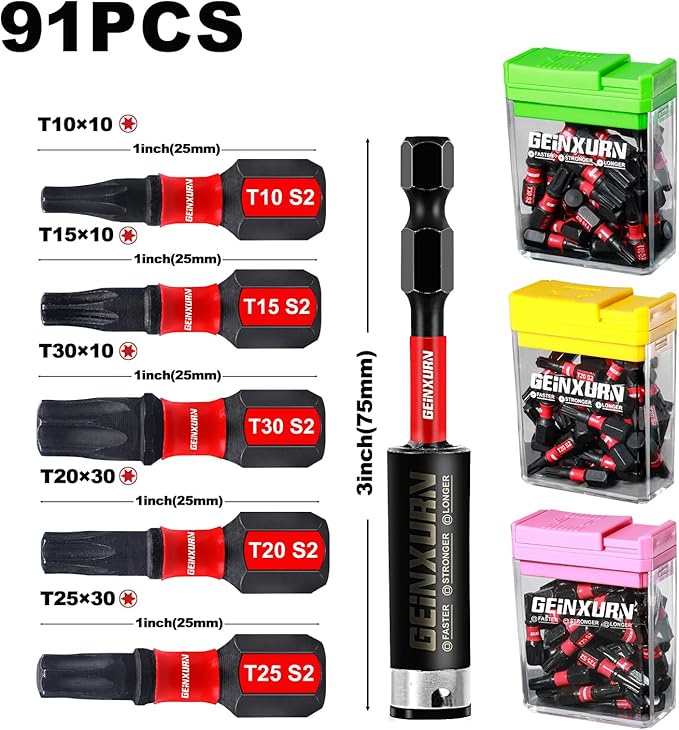Impact Torx Screwdriver Bits Set,90 Pcs 1" Magnetic (T10/T15/T20/T25/T30) S2 Steel Multi Star Driver Bit and Bit Holder with Storage Colorful Box