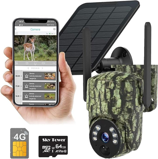 2K Camouflage 4G/5G LTE Cellular SIM Card (Verizon/AT&T/T-Mobile) Solar Wireless Game Trail Camera, PTZ Live View, PIR AI Motion Detection, Fast Trigger Time, Night Vision, Free 64G Micro SD