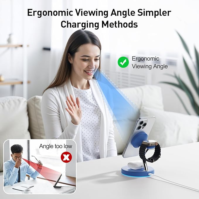 3 in 1 Charging Station Compatible with Mag-Safe Charger Wireless Charger Stand for iPhone 16 15 14 13 12 Series Wireless Charging Station for AirPods Wireless Charging Stand for iWatch Series (Blue)