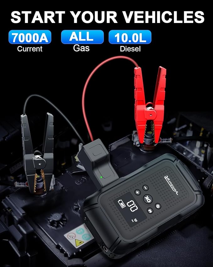 7000A Jump Starter with Air Compressor (All Gas/10.0L Diesel), 12V Jumper Starter Pack with 150PSI Auto Tire Inflator, Car Battery Jump Box Portable with LCD Display & LED Light