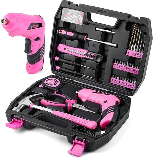 DOWELL 116Pcs Pink Tool Kit with 3.6V USB Cordless Screwdriver, Small Drill Set for Women, Girls