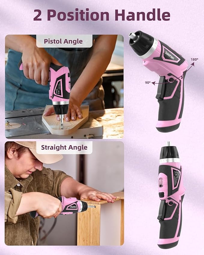 Cordless Electric Screwdriver Set, 8V 10Nm Rechargeable Power Electric Drill, Battery Screw Gun with Driver Bit, 320RPM/10+1 Torque, 2 Position Handle, Flexible Shaft LED Light (Pink, 39Pcs)