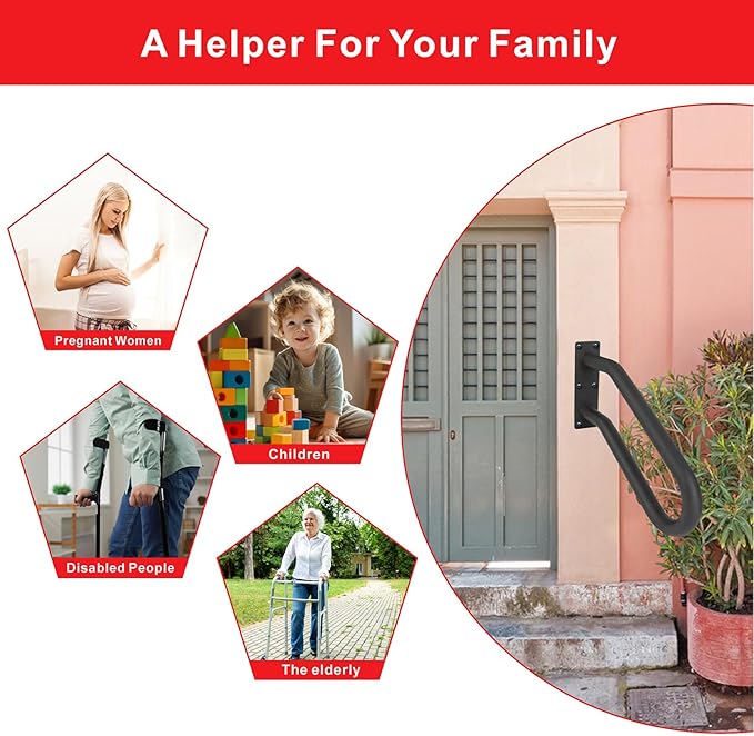 2Pcs Handrail for 1-3 Steps,U Shaped Black Elderly Safety Grab Bar for Stairs Wall Mounted Hand Railing for Outdoor Garage Entry Interior or Exterior Stairway