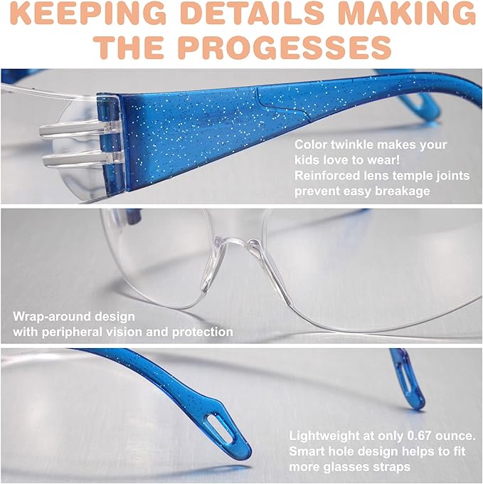 Kids Safety Glasses, Scratch, Impact Resistant Safety Goggles with Clear Lens Assorted Twinkle Color Frame, Eyewear for Lab, Sports,Shooting, Landscaping, Child Youth Size