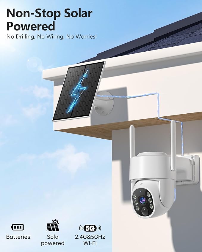 Solar Security Cameras Wireless Outdoor, 5G WiFi Cameras for Home Security, 2K 360° PTZ Battery Powered Outside Cam, 2 Way Talk, Color Night Vision, Human Detection for Porch/Garage/Yard, 2 Packs