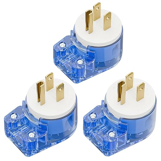 Nema 5-15P 3PACK 90 Degree Right Angle 15A 125V Angled AC Plug, DIY USA 3-Prong Household Transparent Blue ETL Verified