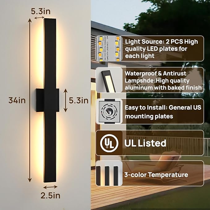 Upgraded 2-Pack 34in Black Long Modern LED Outdoor Wall Lights 3000K 4000K 5000K Dimmable Exterior Wall Sconce Outside Light fixtures for House Garage Front Door