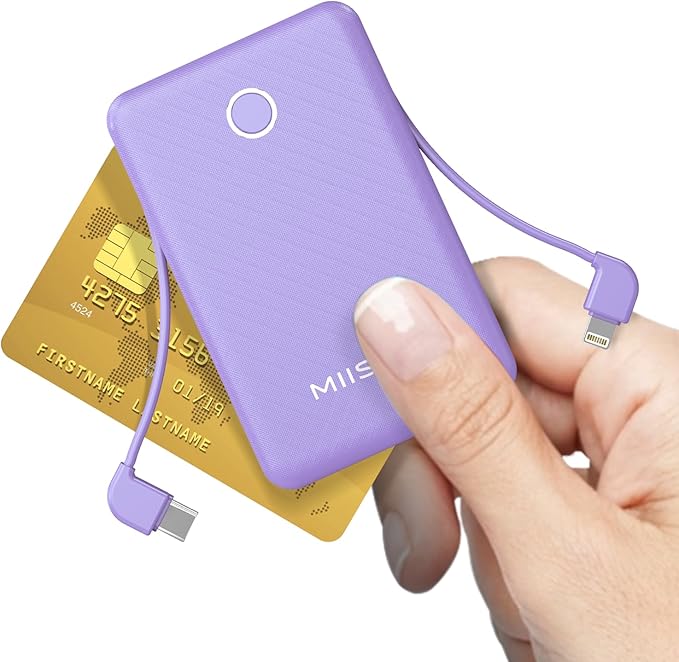 miisso 6000mah Ultra Slim Built in Cables Power Bank, Card Size Built in USB C Cords Battery Pack Portable Charger for Phones, 3 Output External Battery Pack Compatible with iPhone, Samsung, Purple