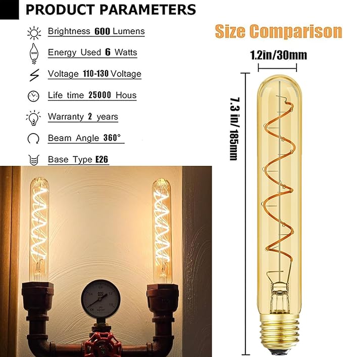 Leools T10 Vintage LED Edison Light Bulbs 60 Watt, 4-Pack Dimmable T30 6W2200K Amber Warm Light Bulbs, E26 Base, 6W LED Equal 60 Watt Incandescent Bulbs,Decorative Antique Spiral Long Bulb,7.3inch