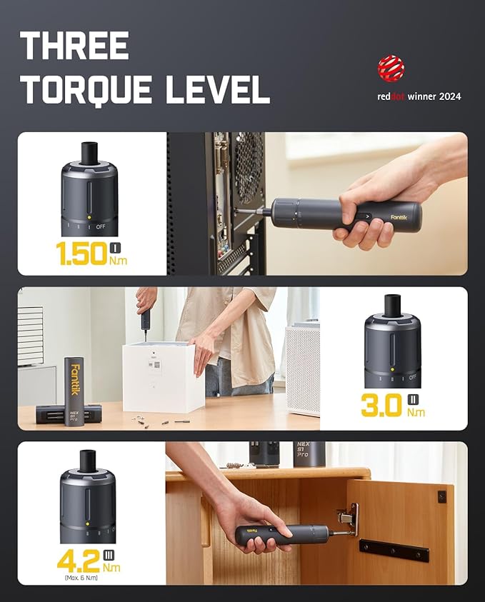 Fanttik S1 Pro Electric Screwdriver, Power Screwdriver with16 S2 Steel Bits, 3 Torque Settings, Max 6 N.m, 2000mAh Battery, LED Light & 1/4''Hex, Ideal Tool for Furniture & Gaming PC