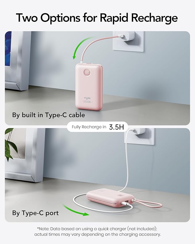 Power Bank 20000mAh 30W Fast Charging Portable Charger with Built-in Cables & LED Display, USB C Battery Pack for iPhone 16/15/14, Samsung, iPad and Android Phones, Ideal for Travel -Light Pink