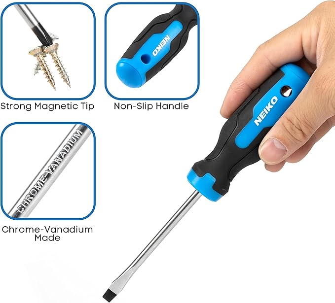 NEIKO 01378A Magnetic Screwdriver Set | 10 Piece | Phillips & Flathead | Heat Treated Chrome Vanadium Steel | Slotted Head Tip with Non-Slip Cushioned Handle Grips | Small Screw Driver Tool Kit
