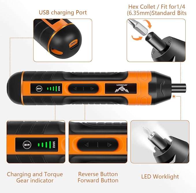 Electric Cordless Screwdriver, 3.6V Rechargeable Screwdriver, 5N.m Max Torque, 4-Gear Torque, LED Light, 105 Pcs, Ideal for Daily & Light Industrial Use