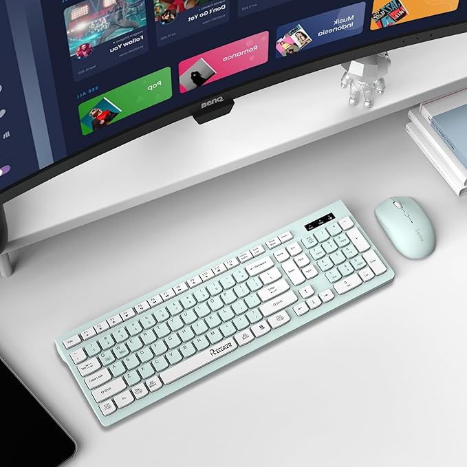 Wireless Keyboard and Mouse Combo, Full-Sized Wireless Keyboard and Adjustable DPI Mouse, 2.4GHz USB Receiver, Wireless Keyboard and Mouse for PC, Windows, Desktop, Laptop (Mint Green and White)