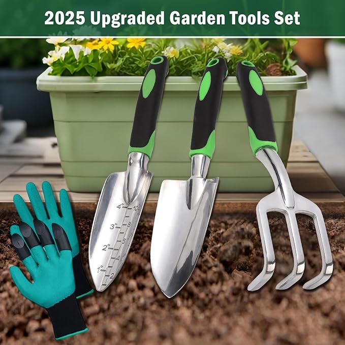 Garden Tools Set, 4 Packs Aluminum Alloy Heavy Duty Gardening Tools with Ergonomic Rubberized Non-Slip Handle, Lawn and Garden Hand Tools Gifts for Men Women (Green)