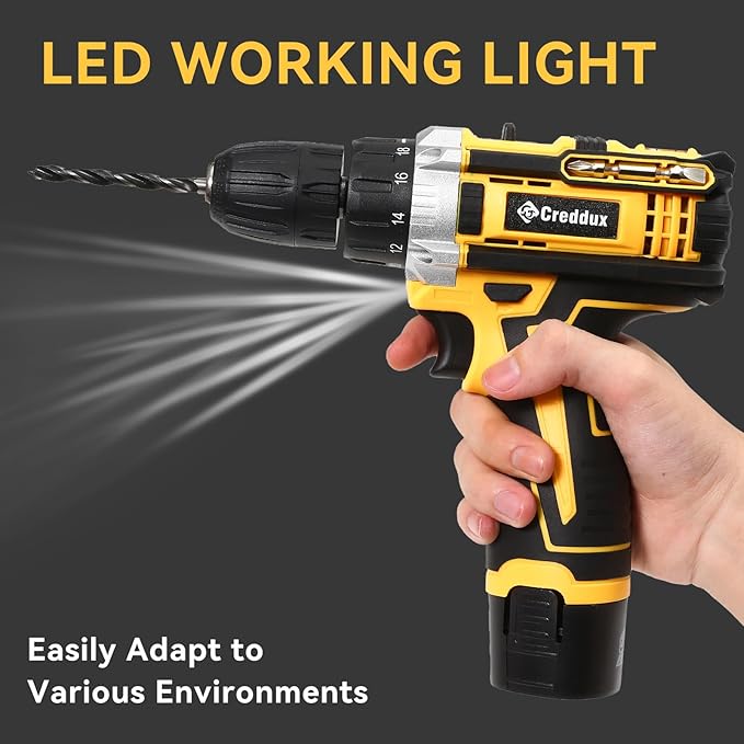 Cordless Drill Set Creddux Power Drill Cordless Sets Variable Speed, Electric Drills 18+1 Torque Setting, Built-In Led Light, Level and 2 Driver Bits Z Set-Y
