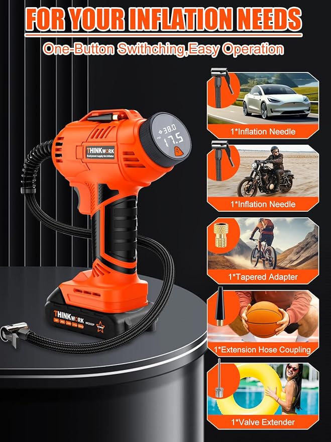 Tire Inflator Portable Air Compressor, Cordless Car Tire Pump with 20V Rechargeable Battery, 12V Car Power Adapter, Digital Pressure Gauge, 150 PSI Handheld Air Pump for Car, Motorcycle, and Bike