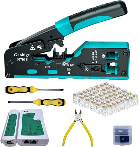 Network Tool Kit, Pass Through rj45 Crimp Tool Kit, Cat7 Cat6A Cat6 Cat5e Cat5 rj45 Crimping Tool with 50PCS cat6 Pass Through Connectors, Network Tester, Wire Cutter