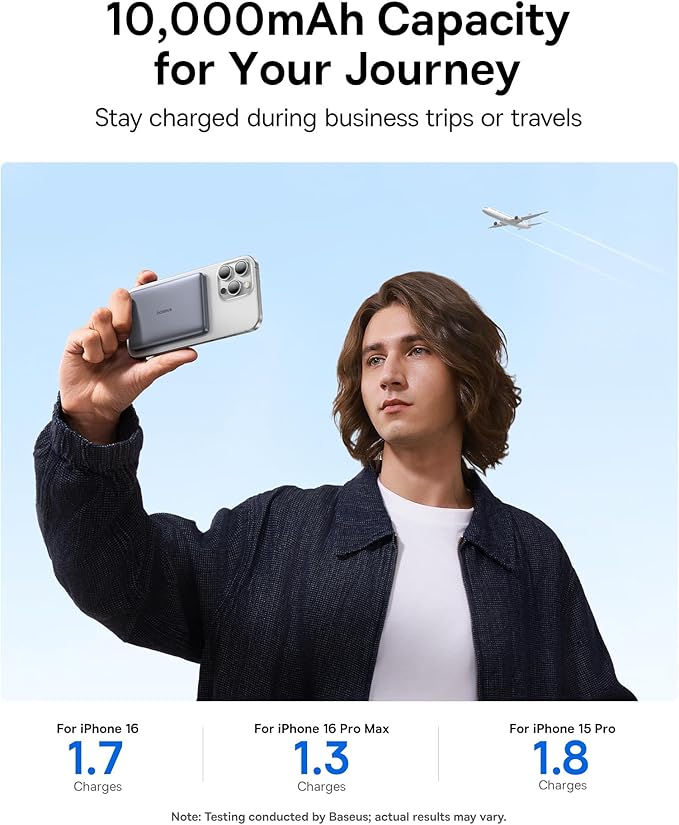 Baseus Picogo Magsafe Portable Charger, Qi2 Certified 0.5" Ultra Slim 15W Wireless Power Bank, 10000mAh 27W Fast Charging Magnetic Battery Pack with USB-C for iPhone 16/15/14/13/12 Series Only