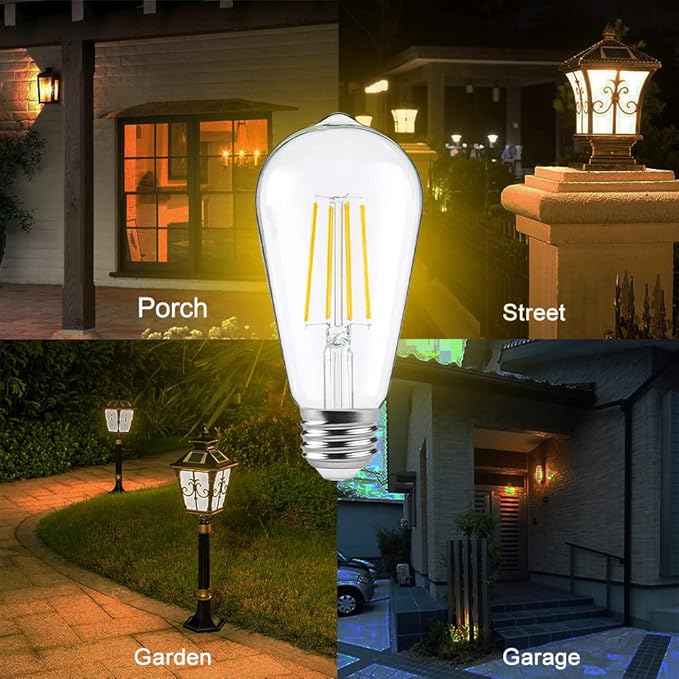FAGUANGAO ST64 LED Dusk to Dawn Light Bulbs Outdoor,6W 60W Equivalent,2700K Warm White,650 Lumens E26 Edison Filament Photocell Sensor Bulb,Auto On/Off Vintage Bulbs for Porch,Patio,Garage,4 Pack