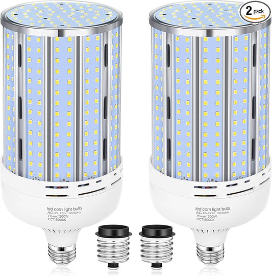 2 Pack 200W Corn LED Light Bulb Fanless,29,500LM 5000K Daylight(2000 Watt Equivalent) E26/E39 Large Mogul Base LED Cob Lamp for Outdoor Indoor Garage Warehouse Factory Workshop Street Backyard