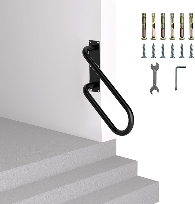 Jamb Mount Handrails for Outdoor Steps-1-2 Step Waterproof Stairs Railing-Powder Coated Side Mount Hand Rails for Indoor Stairs-Non-Slip Staircase Grab Rail for Deck/Porch/Mobile Home/Short Stairway