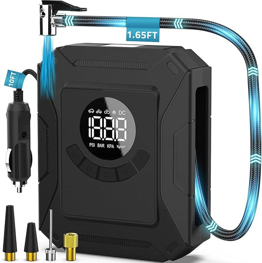 PAULINN Tire Inflator Air Compressor 12V DC Portable Air Pump 150 PSI for Car Tires, Auto Tire Pump with Digital Pressure Gauge, Auto Shutoff & LED Light for Cars, Motorcycles, Bikes & Balls, Black