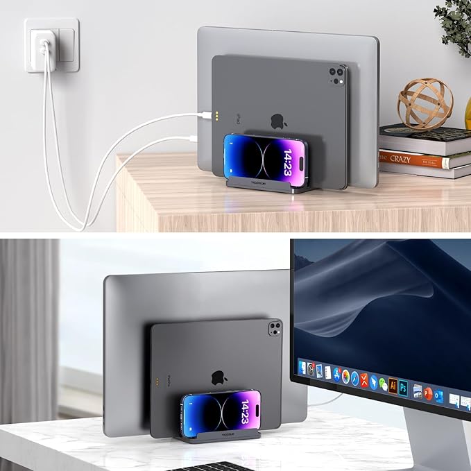 3-Slot Aluminum Vertical Laptop Stand for Desk - Adjustable Width Dock for MacBook, Surface, Samsung, HP, Dell up to 17.3 inches - Space-Saving & Protective Design - Gray