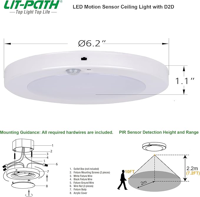 LIT-PaTH LED Flush Mount Ceiling Light, Closet Lighting Fixture with Motion Sensor and Dusk to Dawn, 10.5W, 800 Lumen, 6.2 Inch, Anti-Rust Galvanized Housing, White Finish 5000K 4-Pack