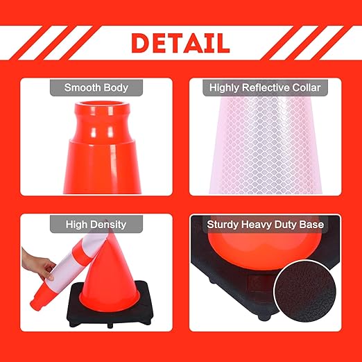 Traffic Cones 28 inch PVC Orange 8 Pack Heavy Duty Black Base Construction with Reflective Collars Fit Parking Lot,Driveway Road Traffic Control Safety Cones