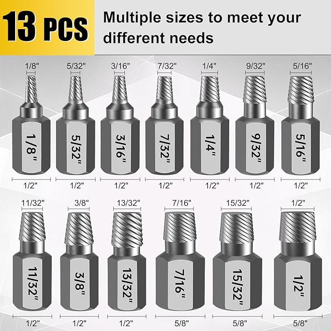 Topec Easy Out Screw Extractor Set 13-Piece, Multi-Spline Easy Out Bolt Extractor Kit, CR-MO Steel Hex Head Remover for Stripped, Broken, Rounded, Rusted Bolts, Screws and Nuts
