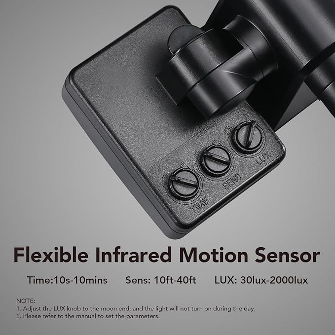 OREiN 450° Adjustable Outdoor Security Light with 3 Joints Each Arm, 2500LM 180°/40FT Motion Sensor Outdoor Lights, Dusk to Dawn Flood Light IP65 Waterproof for Garage/Garden/Door, Black (Hardwired)